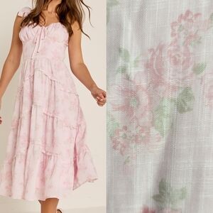 Francesca's Preppy Ellena Tie Strap Ruffle Tiered Midi Milkmaid Dress in Pink M